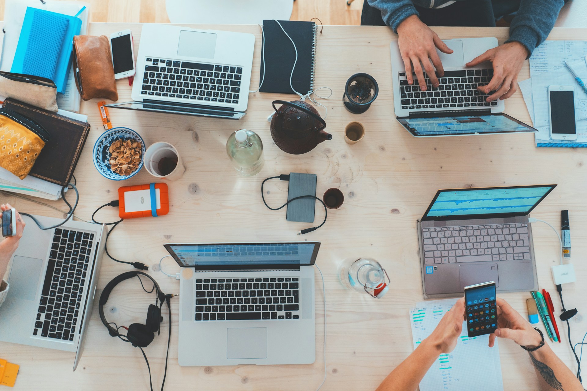 Content creator workspace with monitors and recording equipment