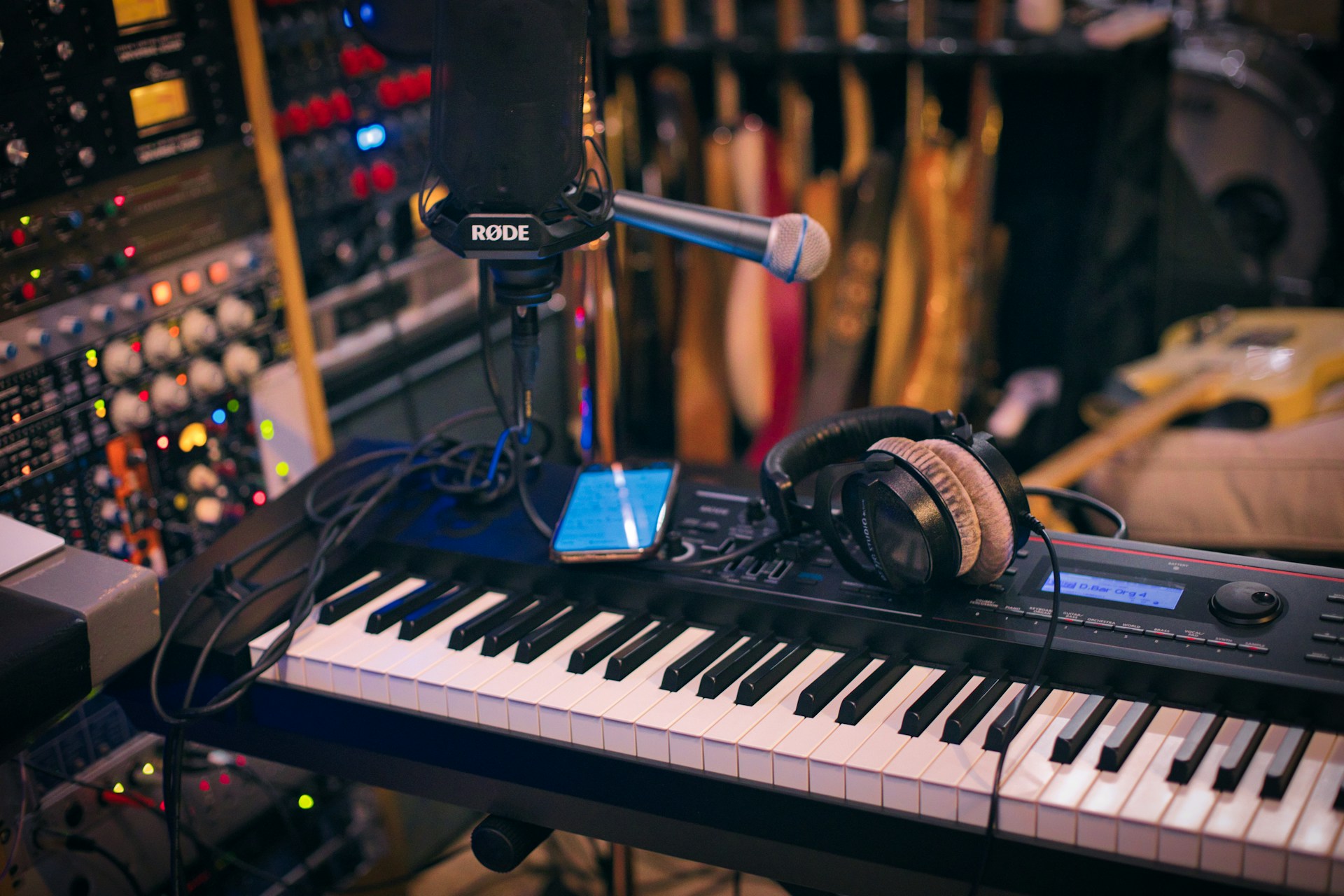 Modern recording studio with digital audio workstation and mixer