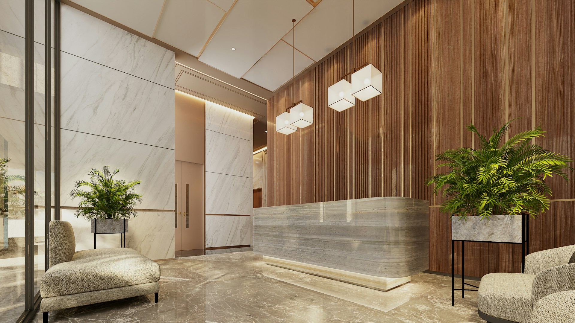 Modern office lobby with sleek reception desk