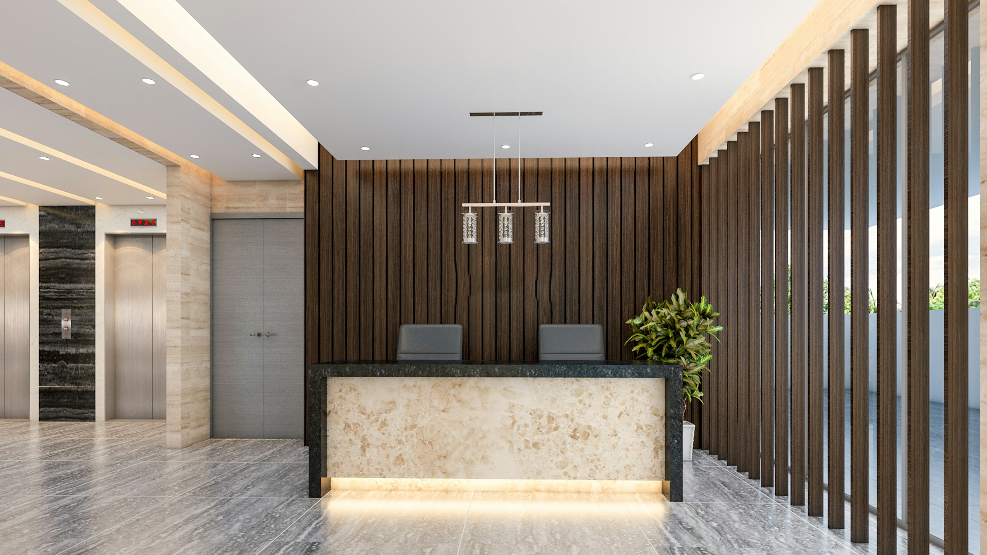 Modern corporate lobby with reception desk and elevator bank