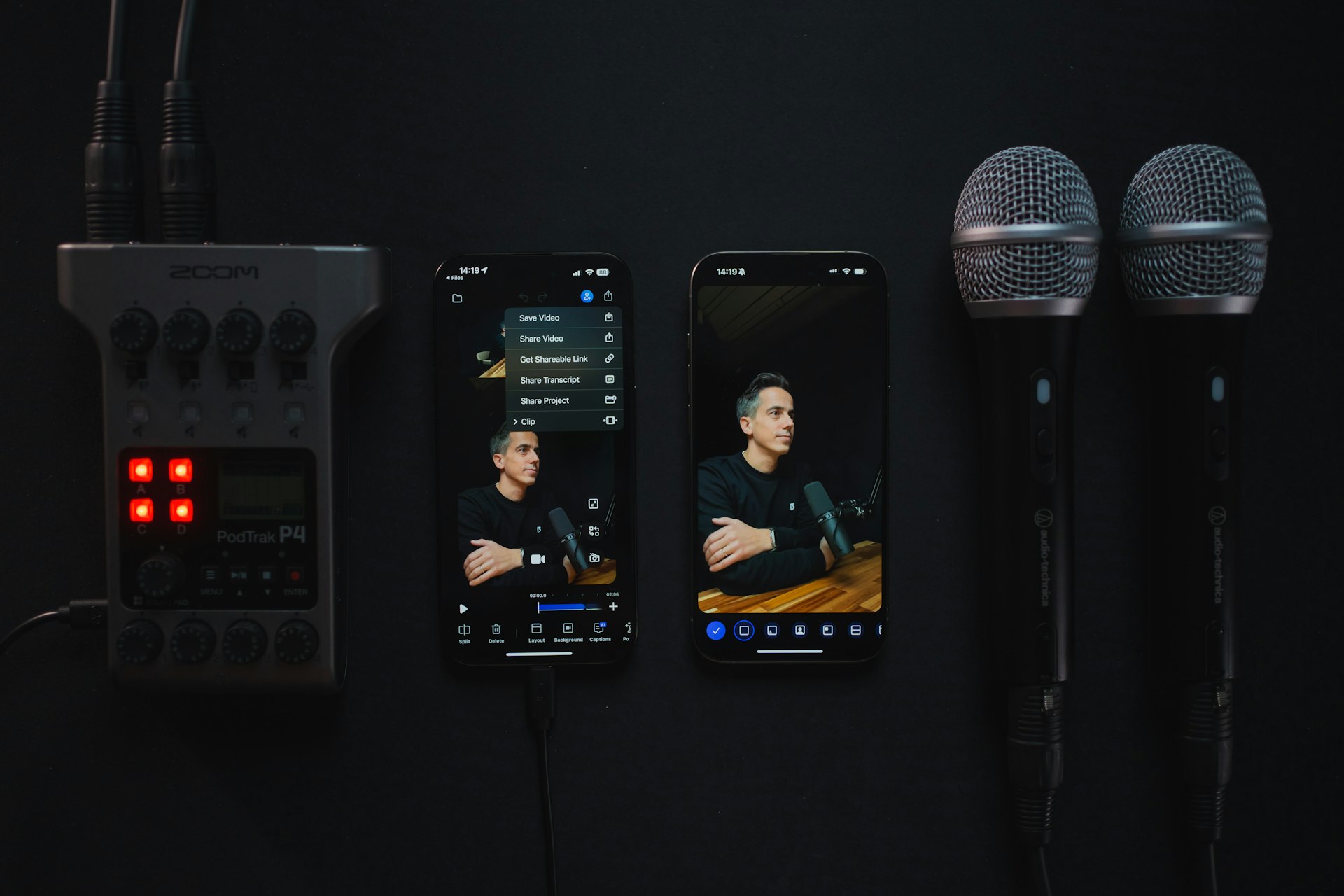 Audio recording equipment with microphones on dark surface