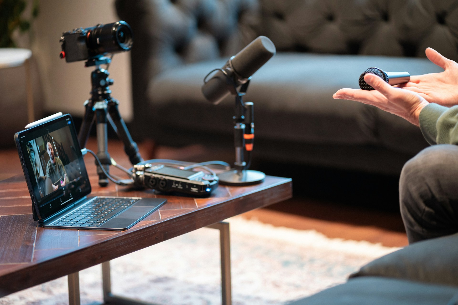 Professional podcast recording setup with microphone and audio equipment