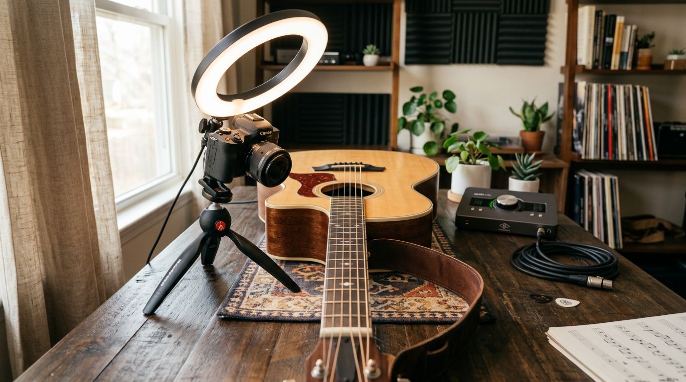 Home recording setup with a camera pointed down at a guitar fretboard