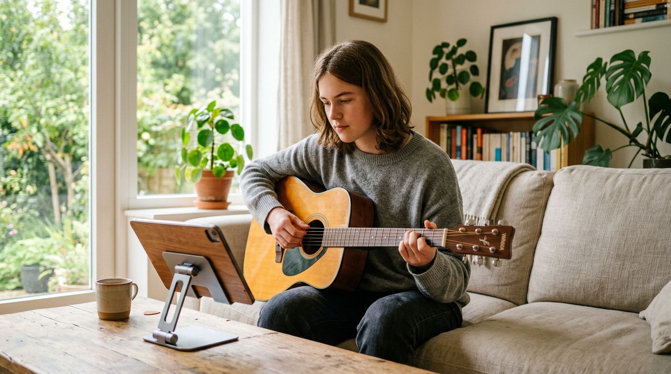Person practicing guitar while following a lesson on a tablet