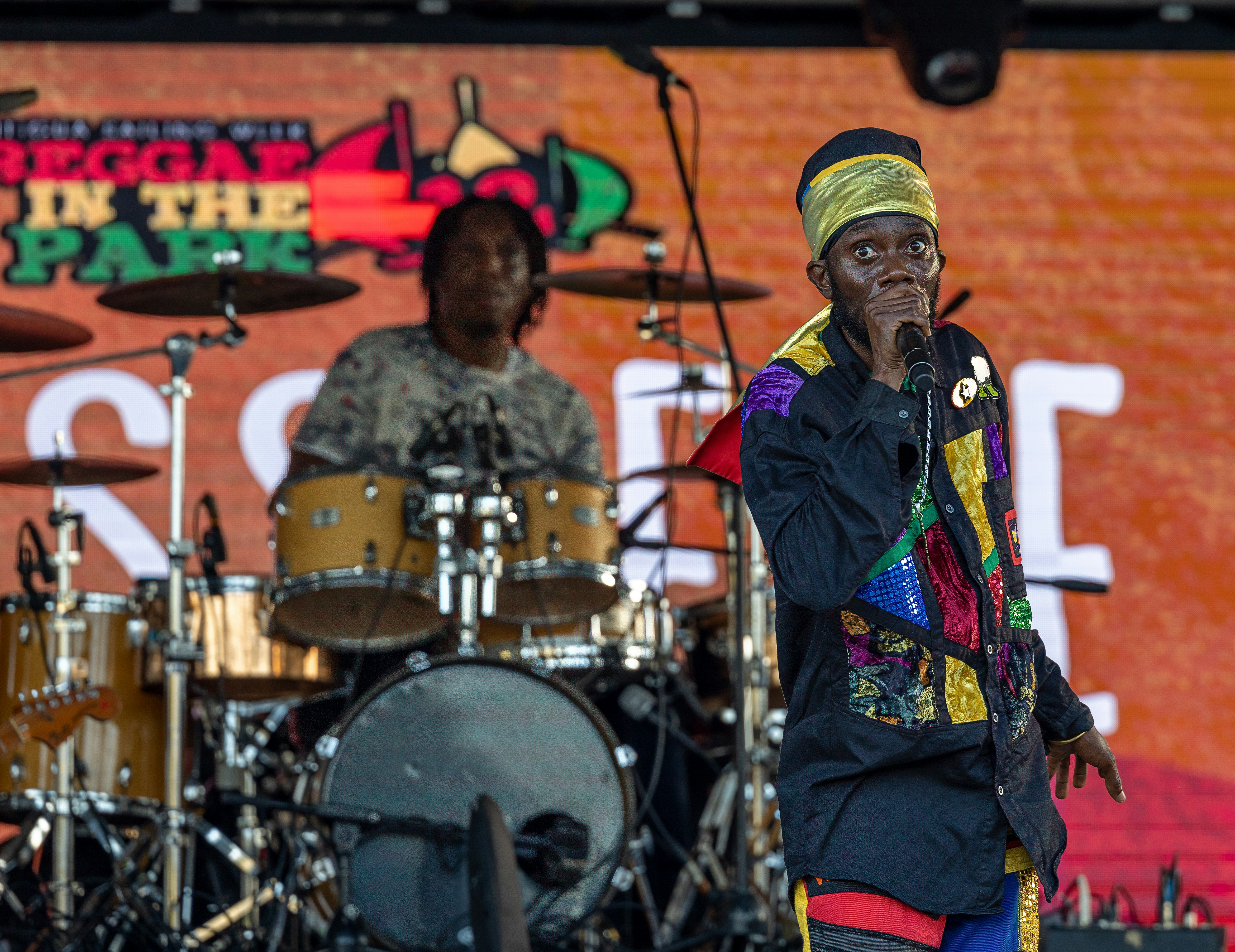 Musician performing at a reggae festival with the crowd watching
