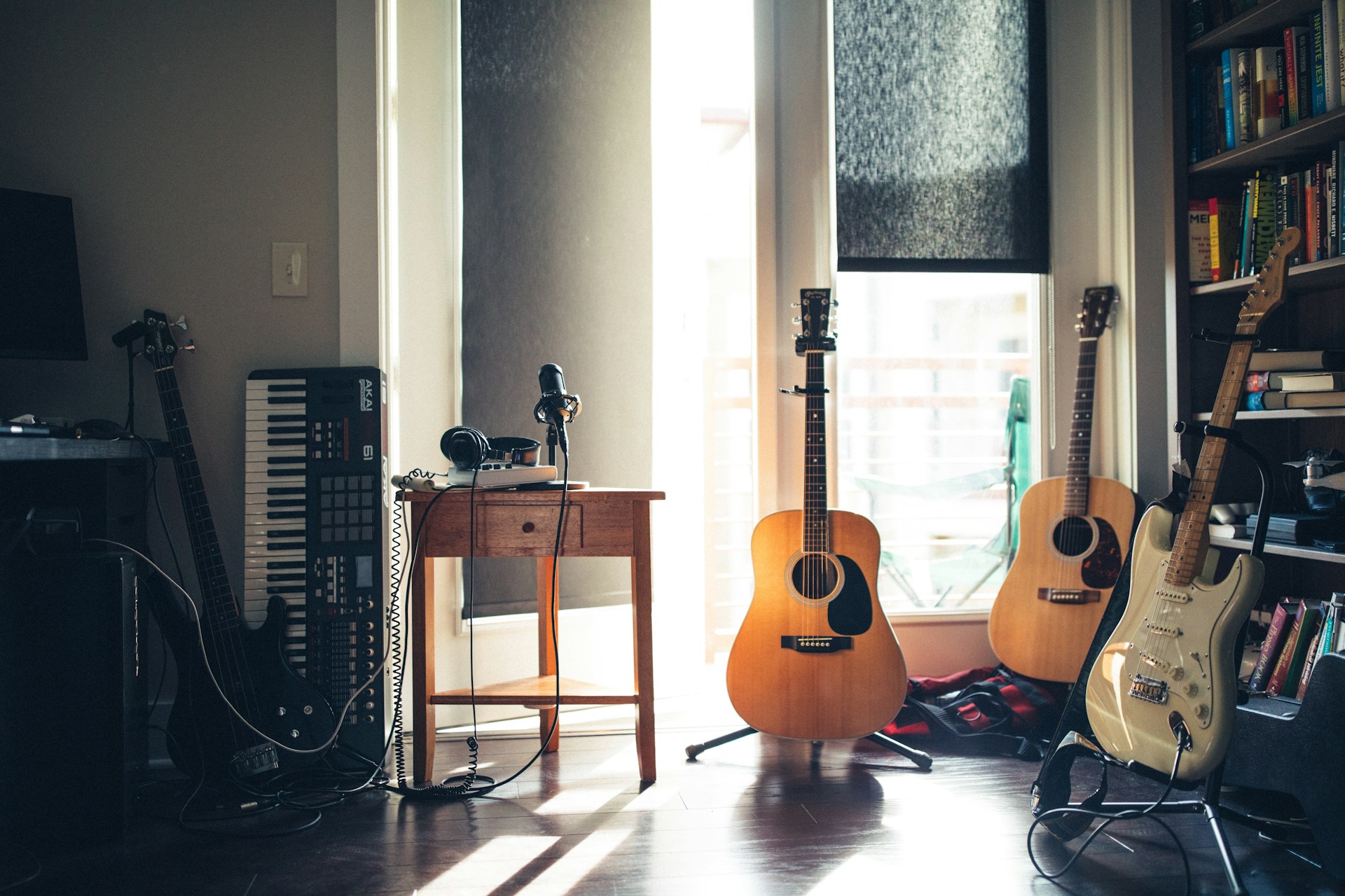 Music production studio with mixing equipment