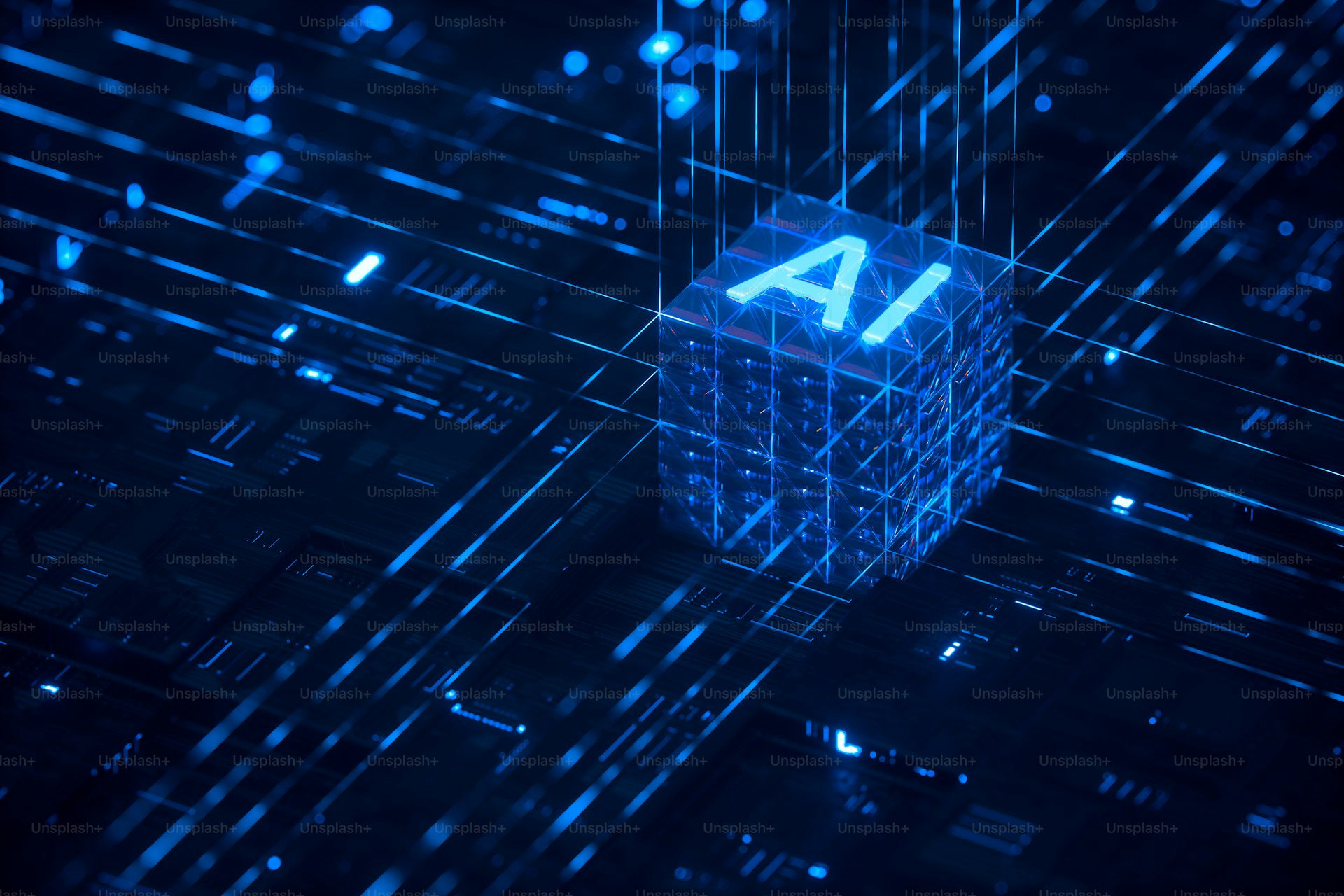 Glowing AI chip on a circuit board representing advanced technology
